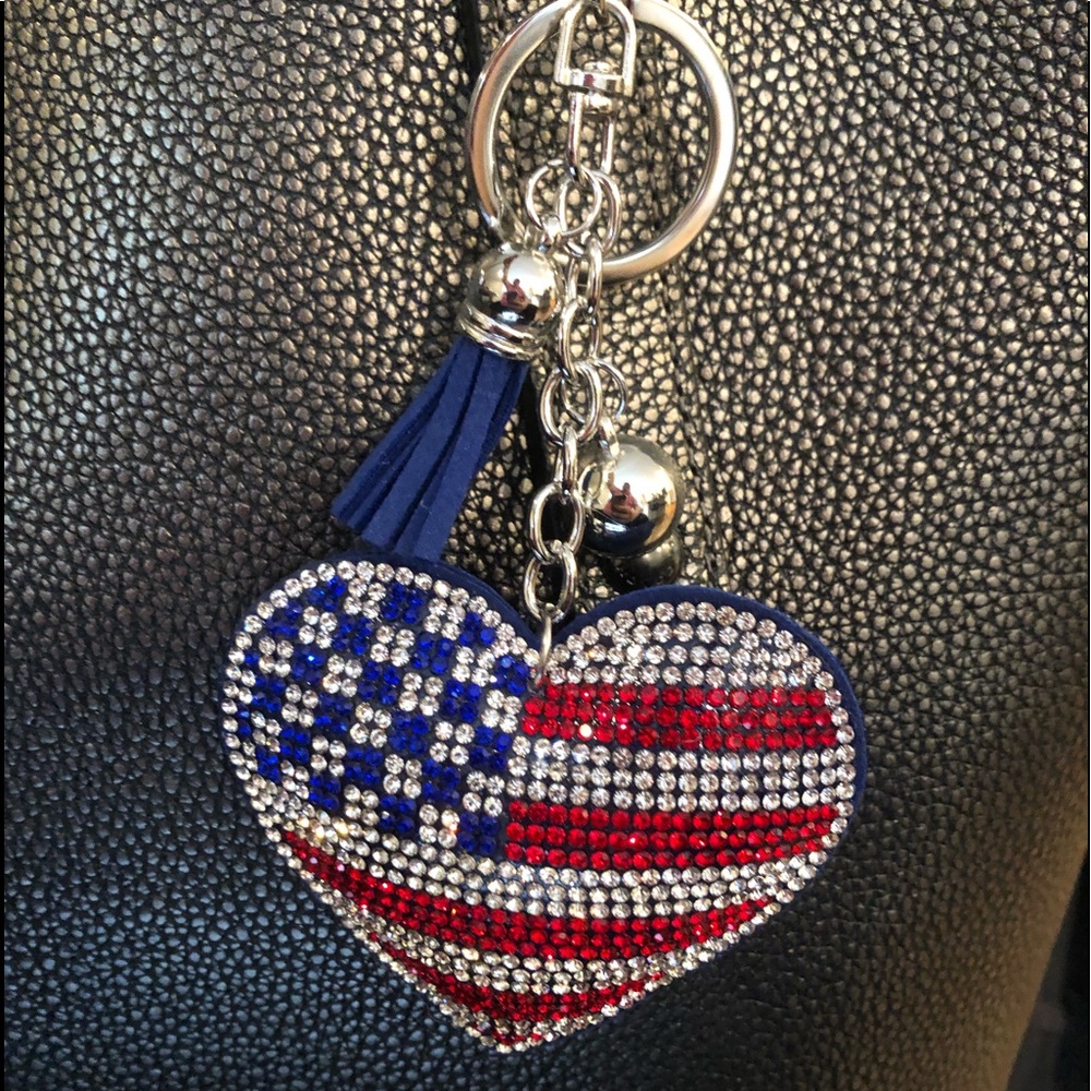 Purse BLING crystal heart FLAG charm clip on bag  red blue stars stripe ❤️